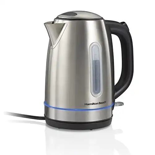 Hamilton Beach Electric Tea Kettle, Water Boiler & Heater, 1.7 Liter, Cordless Serving, 1500 Watts for Fast Boiling, Auto-Shutoff and Boil-Dry Protection, Stainless Steel with LED Light Ring (4103...