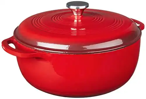 Lodge 7.5 Quart Enameled Cast Iron Dutch Oven with Lid – Dual Handles – Oven Safe up to 500° F or on Stovetop - Use to Marinate, Cook, Bake, Refrigerate and Serve – Island Spice Red