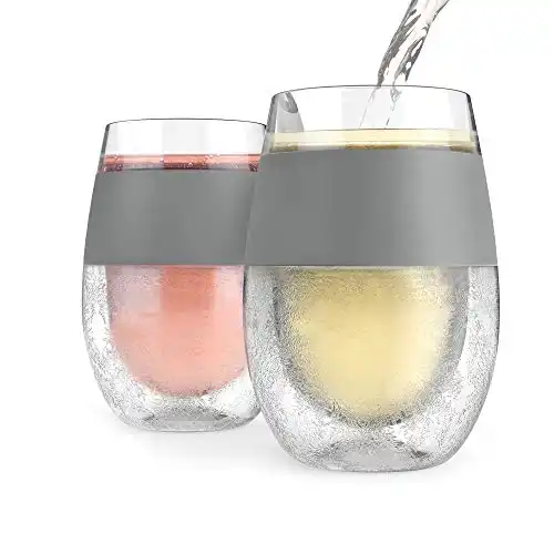 Host Wine Freeze Cup Set of 2 - Plastic Double Wall Insulated Wine Cooling Freezable Drink Vacuum Cup with Freezing Gel, Wine Glasses for Red and White Wine, 8.5 oz Grey - Gift Essentials