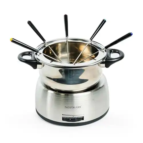Nostalgia 6-Cup Electric Fondue Pot Set for Cheese & Chocolate - 6 Color-Coded Forks, Adjustable Temperature Control - Stylish Serving for Hors d'Oeuvres, Entrees, and Desserts - Stainless St...
