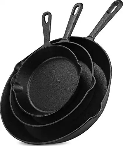Utopia Kitchen Saute fry pan - Pre-Seasoned Cast Iron Skillet Set 3-Piece - Frying Pan 6 Inch, 8 Inch and 10 Inch Cast Iron Set (Black)