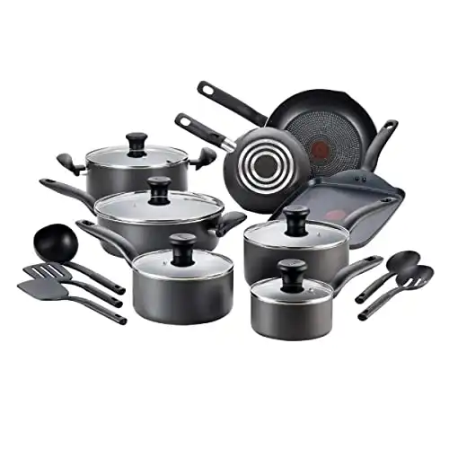 T-fal Initiatives Nonstick Cookware Set 18 Piece Oven Safe 350F Pots and Pans, Dishwasher Safe Black