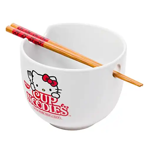 Silver Buffalo Sanrio Hello Kitty Cup Noodles Nissin Ceramic Ramen Noodle Rice Bowl with Chopsticks, Microwave Safe, 20 Ounces
