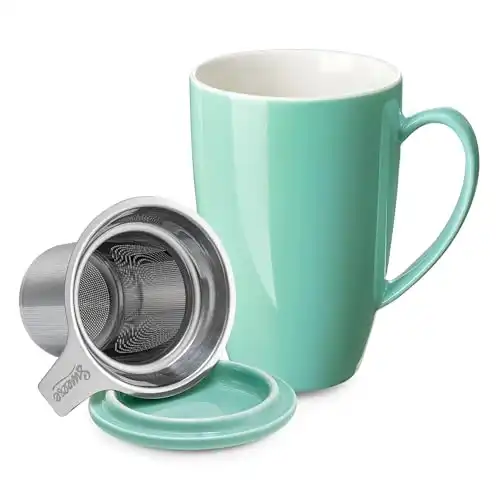 Sweese Tea Cup with Infuser and Lid, Microwave Safe Tea Mug with Handle - 15oz Ceramic Cup for Tea Warm and Hot Water - Quality Tea Infuser Cup for Tea Drinker