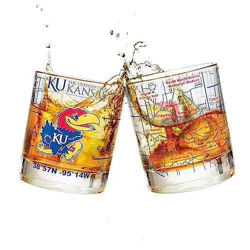 University Of Kansas Whiskey Glass Set (2 Low Ball Glasses) - Contains Full Color JayHawks Logo & Campus Map - Kansas JayHawk Gift Idea for College Grads & Alumni - College Cocktail Glassware