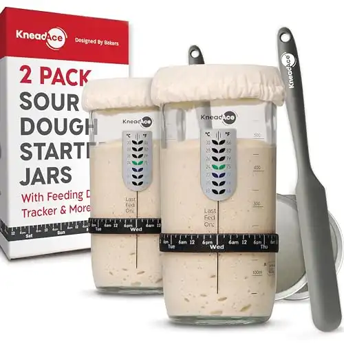 KNEADACE Sourdough Starter Jar With Date Marked Feeding Band, Thermometer, Sourdough Jar Scraper, Sourdough Container Sewn Cloth Cover & Metal Lid, Sourdough Starter Kit (2 Pack)