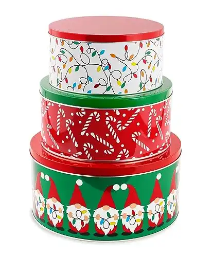 Steel Mill & Co Tin Containers with Lids, 3 Pack Christmas Cookie Tins, Festive Cookie Tins for Gift Giving & Holiday Treats, Round Metal Nesting Containers, Large Medium Small (Gnome)