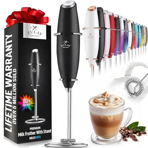Zulay Kitchen Powerful Milk Frother Handheld Foam Maker for Lattes - Whisk Drink Mixer for Coffee, Mini Foamer for Cappuccino, Frappe, Matcha, Hot Chocolate by Milk Boss (Black)