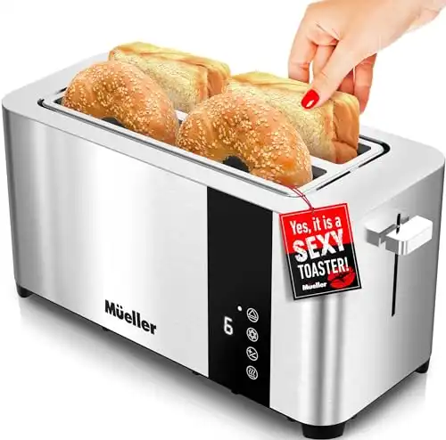 Mueller UltraToast Full Stainless Steel Toaster 4 Slice, Long Extra-Wide Slots with Removable Tray, Cancel/Defrost/Reheat Functions, 6 Browning Levels