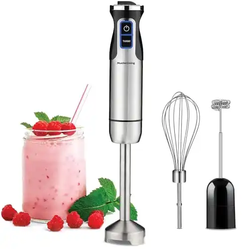MuellerLiving Immersion Hand Blender, Hand Mixer with Stainless Steel Blade, Whisk & Milk Frother