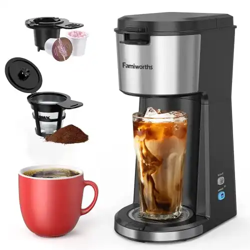 Famiworths Iced Coffee Maker, Hot and Cold Coffee Maker Single Serve for K Cup and Ground, with Descaling Reminder and Self Cleaning