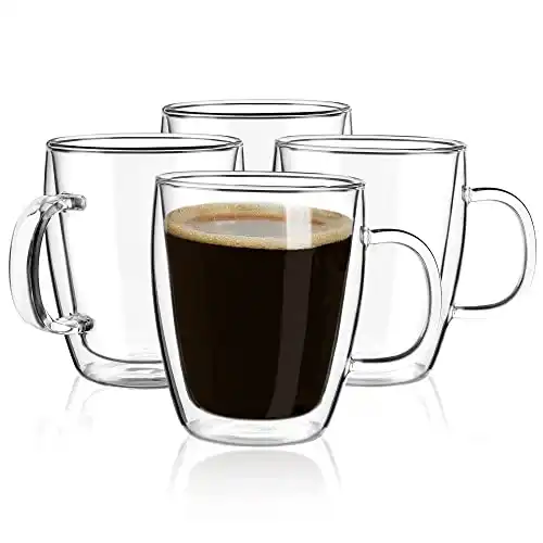 YUNCANG Double Wall Coffee Mugs, (4-Pcak) 16 Ounces-Clear Glass with Handle