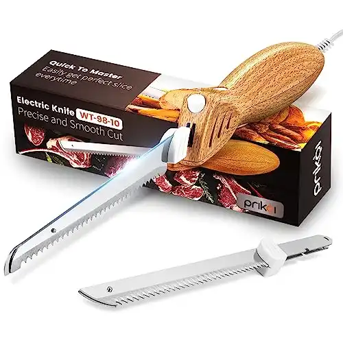 Prikoi Electric Knife - Easy-Slice Serrated Edge Blades for Carving Meat, Bread, Turkey, Ribs, Fillet, DIY, Ergonomic Handle + 2 Blades for Raw & Cooked Food