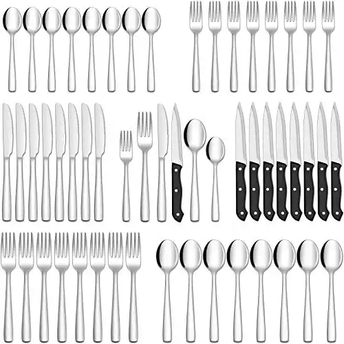HIWARE 48-Piece Silverware Set with Steak Knives for 8, Stainless Steel Flatware Cutlery Set, Mirror Polished, Dishwasher Safe