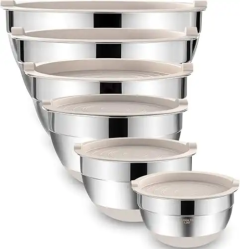 Umite Chef Mixing Bowls with Airtight Lids, 6 piece Stainless Steel Metal Nesting Storage Bowls